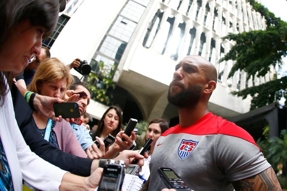 U.S. goalkeeper Tim Howard speaks with the media at Sao Paulo on Friday. The United States plays its first match of the World Cup on Monday when it faces Ghana.