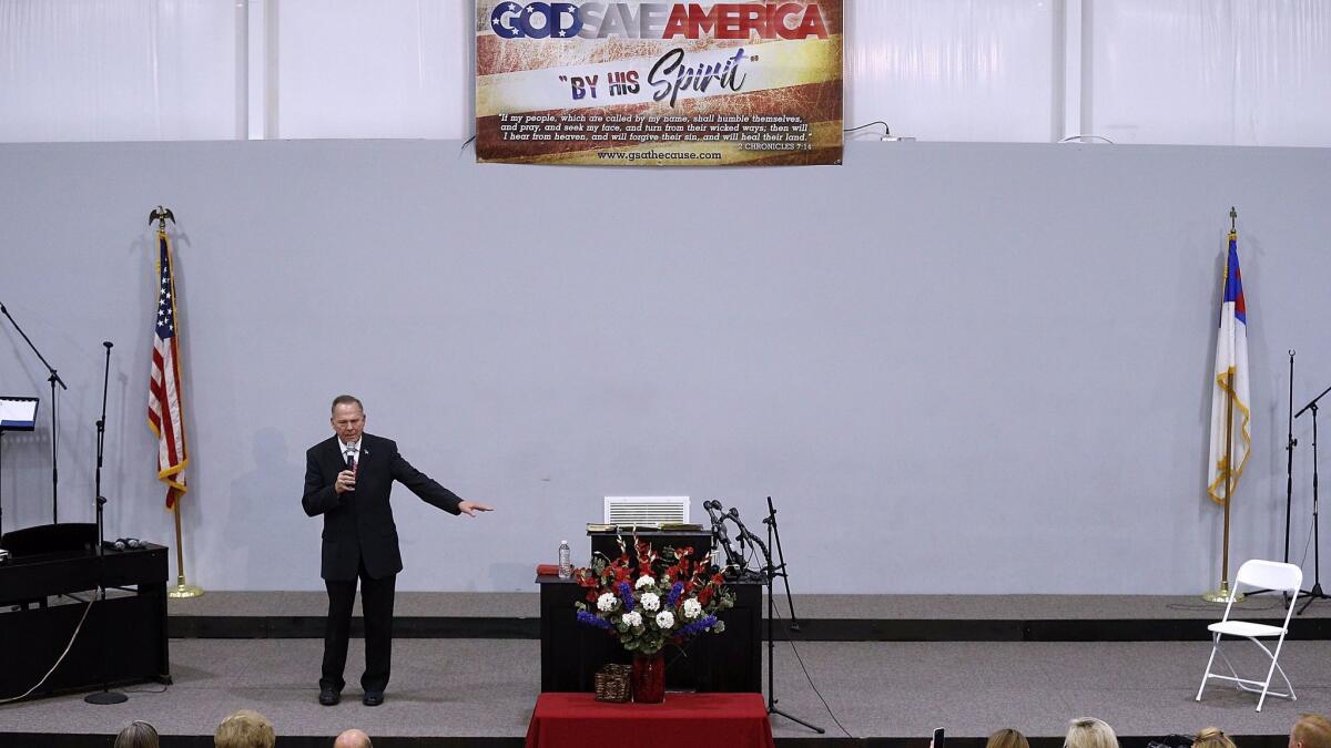 GOP Senate candidate Roy Moore speaks at the Walker Springs Road Baptist Church in Jackson, Ala., on Nov. 14.