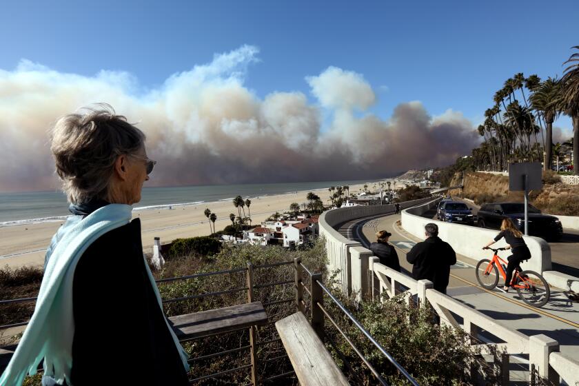 SANTA MONICA, CA - JANUARY 7, 2025 - - Palisades resident Maggie Stokes, 79, keeps an eye on the Palisades fire from the California Incline in Santa Monica on January 7, 2025. Stokes had to evacuate her home in Palisades. (Genaro Molina/Los Angeles Times)