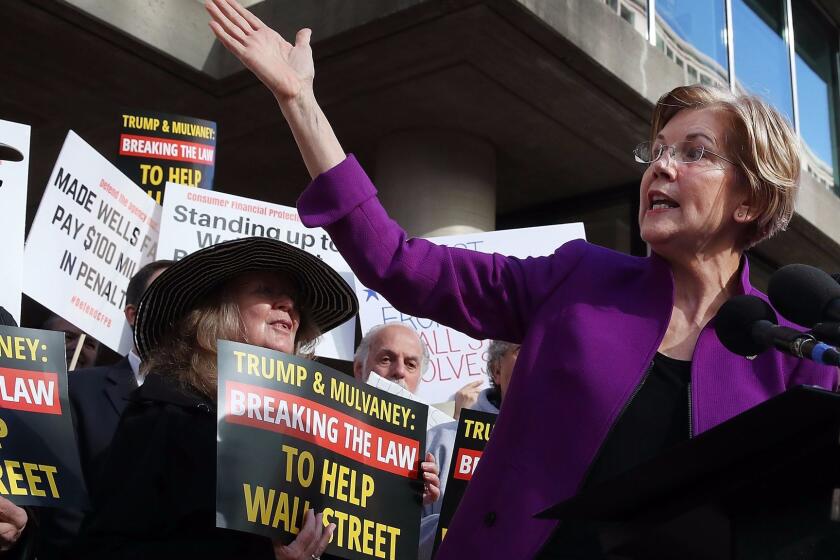 WASHINGTON, DC - NOVEMBER 28: Sen. Elizabeth Warren (D-MA) speaks during a protest in front of the Consumer Financial Protection Bureau (CFPB) headquarters on November 28, 2017 in Washington, DC. Sen. Warren is demanding that Mick Mulvaney step aside and let acting CFPB director Leandra English do her job. President Trump named Office of Management and Budget (OMB) Director Mick Mulvaney to replace outgoing CFPB Director Richard Cordray. (Photo by Mark Wilson/Getty Images) ** OUTS - ELSENT, FPG, CM - OUTS * NM, PH, VA if sourced by CT, LA or MoD **