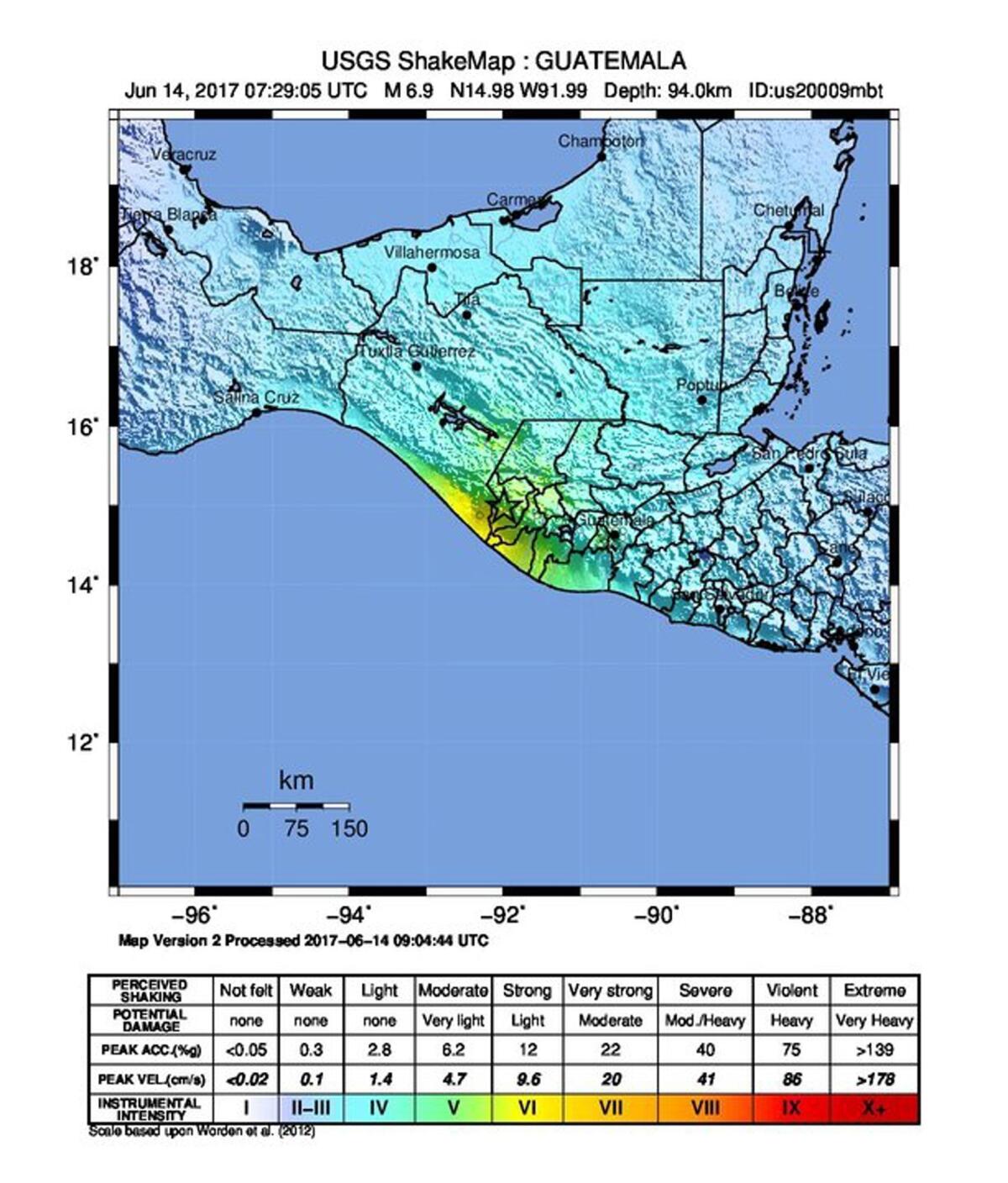 Mapa que representa la localización del sismo de 6,6 grados en la escala Richter que ha azotado la frontera entre México y Guatemala, cerca de San Pablo (Guatemala) hoy 14 de junio de 2017. Al menos una persona ha resultado herida en el terremoto, según indicó el Instituto Nacional de Vulcanología, Sismología, Meteorología e Hidrología (Insivumeh) en su reporte oficial. EFE/Servicio Geológico de Estados Unidos (USGS) **FOTO CEDIDA/SOLO USO EDITORIAL/PROHIBIDA SU VENTA**