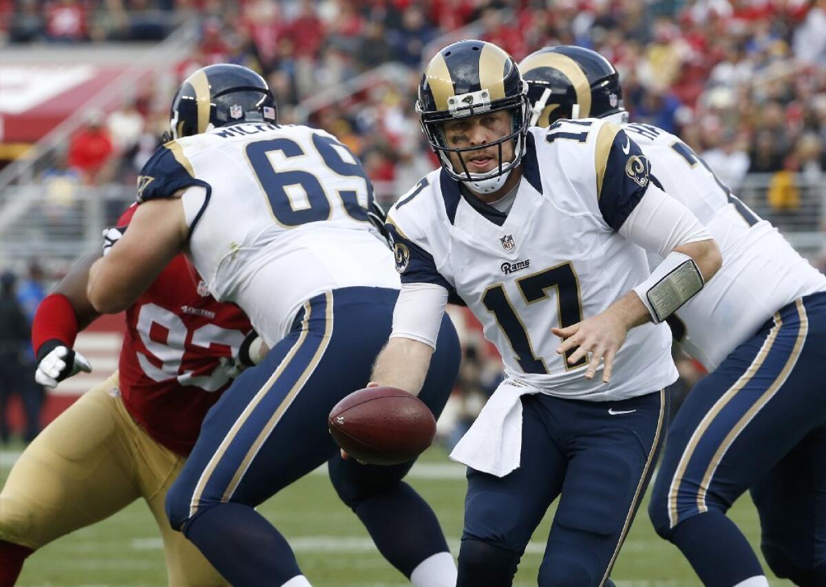 Rams quarterback Case Keenum looks to hand the ball off during a game against the 49ers on Jan. 3.