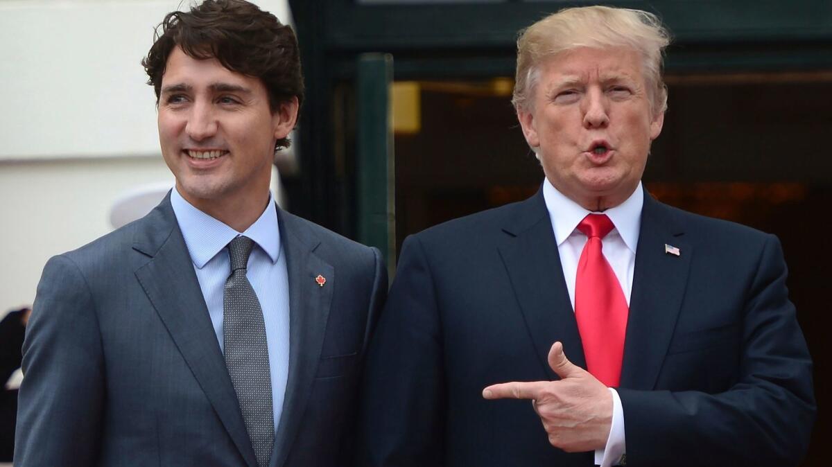 President Trump with Canadian Prime Minister Justin Trudeau as he welcomes him to the White House on Oct. 11, 2017.