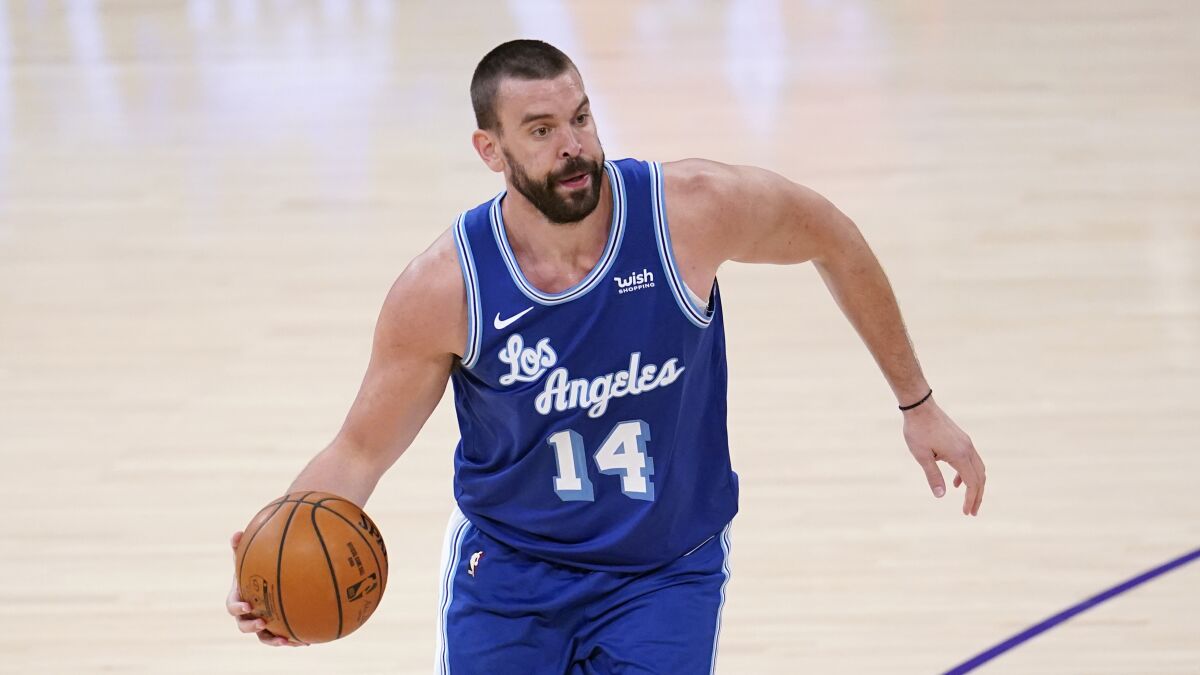 Lakers center Marc Gasol dribbles during a game against the Brooklyn Nets on Feb. 18 at Staples Center.