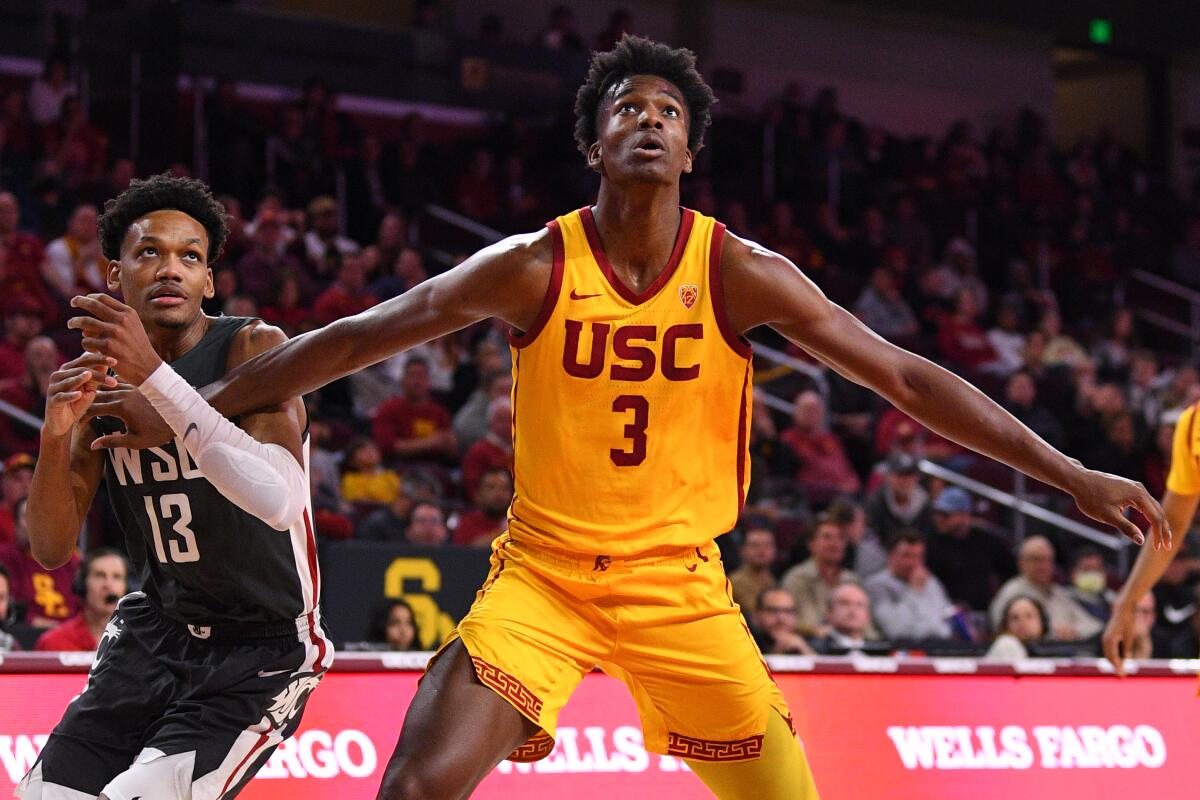 USC forward Vincent Iwuchukwu boxes out during a game against Washington State.