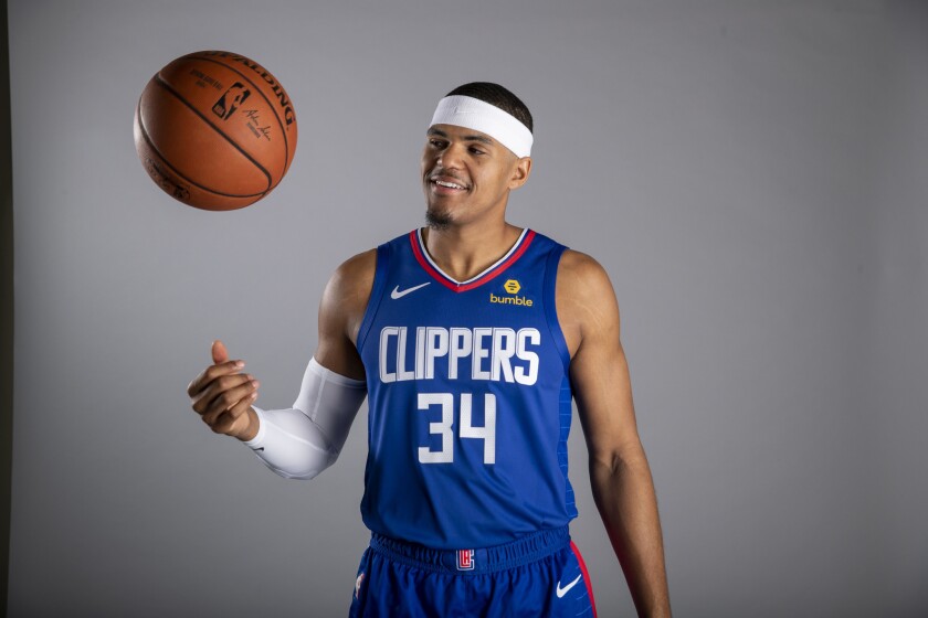 Clippers forward Tobias Harris poses for photos during media day on Sept. 24.