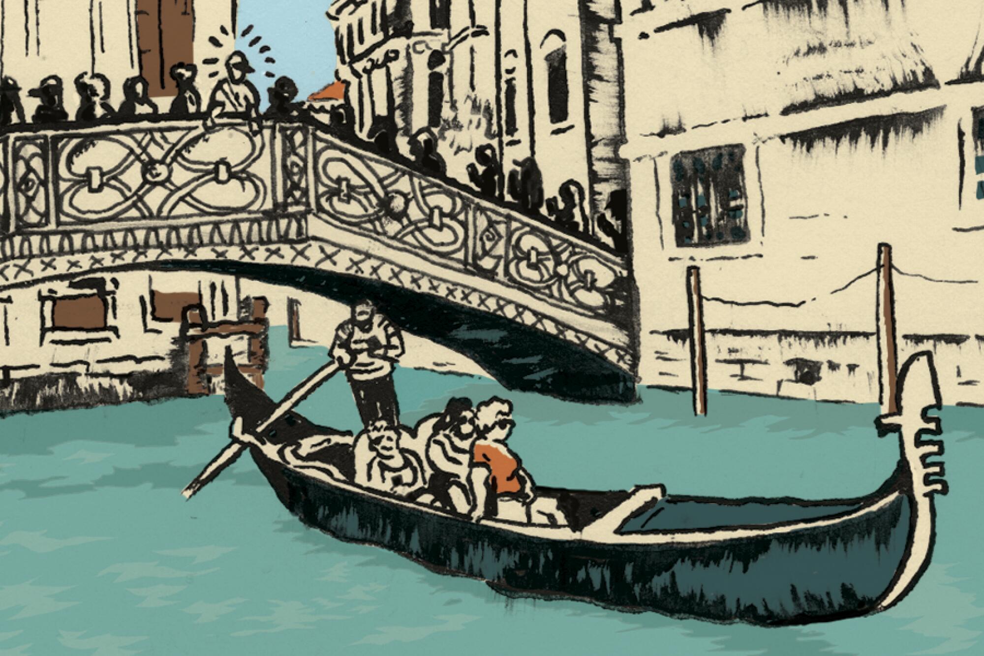 An illustrated comic panel showing tourists in Venice, Italy. People stand on a bridge over a gondolier.