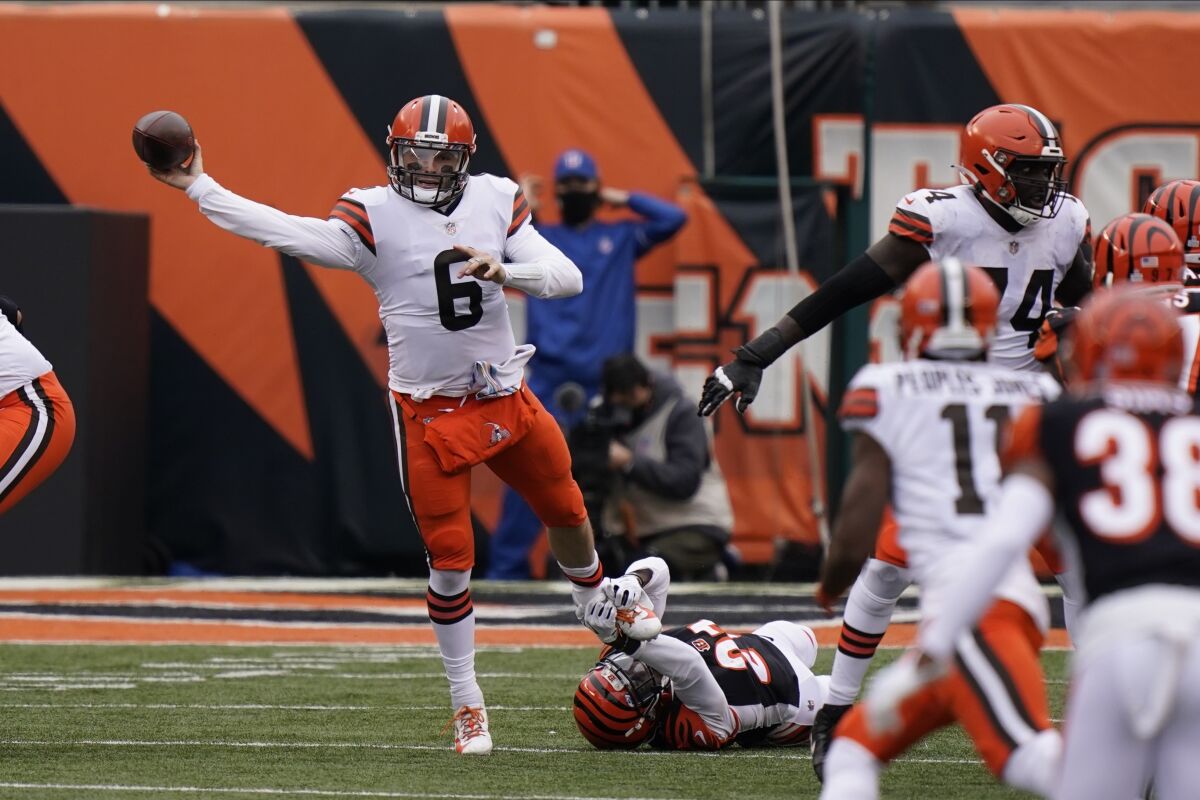 Cleveland Browns quarterback Baker Mayfield throws during Sunday's win over the Cincinnati Bengals.