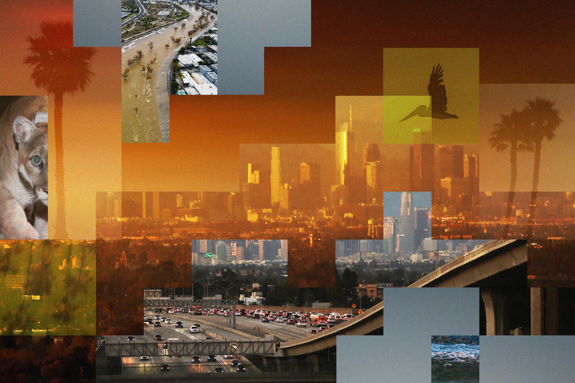 Pixelated collage of Los Angeles scenery and iconography.