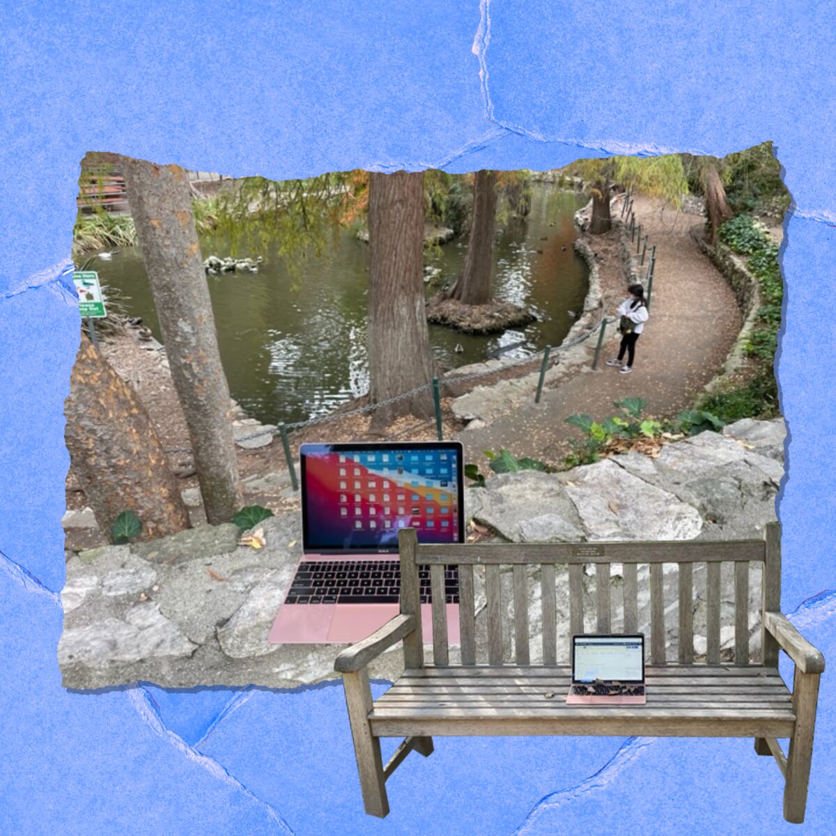 An illustration with a photo of a laptop on a park bench and another of a laptop on a rock ledge that overlooks a path.