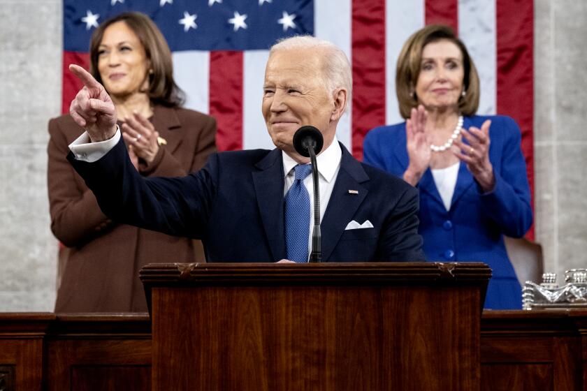 WASHINGTON, DC - MARCH 01: US President Joe Biden delivers the State of the Union address as U.S. Vice President Kamala Harris (L) and House Speaker Nancy Pelosi (D-CA) look on during a joint session of Congress in the U.S. Capitol House Chamber on March 1, 2022 in Washington, DC. During his first State of the Union address, President Joe Biden spoke on his administration’s efforts to lead a global response to the Russian invasion of Ukraine, work to curb inflation, and bring the country out of the COVID-19 pandemic. (Photo by Saul Loeb - Pool/Getty Images)