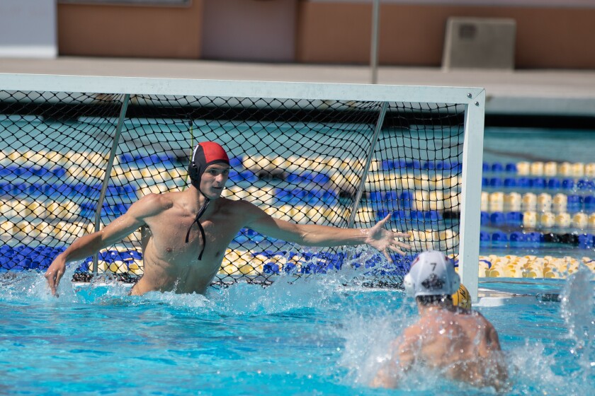La Jolla High School senior goalie Levi Lentin guards the net during an April 24 scrimmage against Vista High.