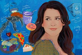 Digital painting of Melanie Lynskey with tarot cards, pie, pizza, cheese, wine, a fossil, a smoothie, and marmite on toast