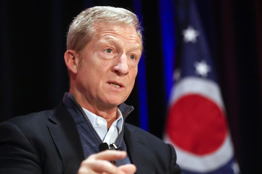 Political activist Tom Steyer speaks during a "Need to Impeach" town hall event at the Clifton Cultural Arts Center, Friday, March 16, 2018, in Cincinnati. Steyer, a billionaire activist also involved in environmental causes, founded the "Need to Impeach" petition campaign on claims that President Donald Trump meets the criteria for impeachment. The event kicks-off a national tour in an effort to generate support. (AP Photo/John Minchillo)