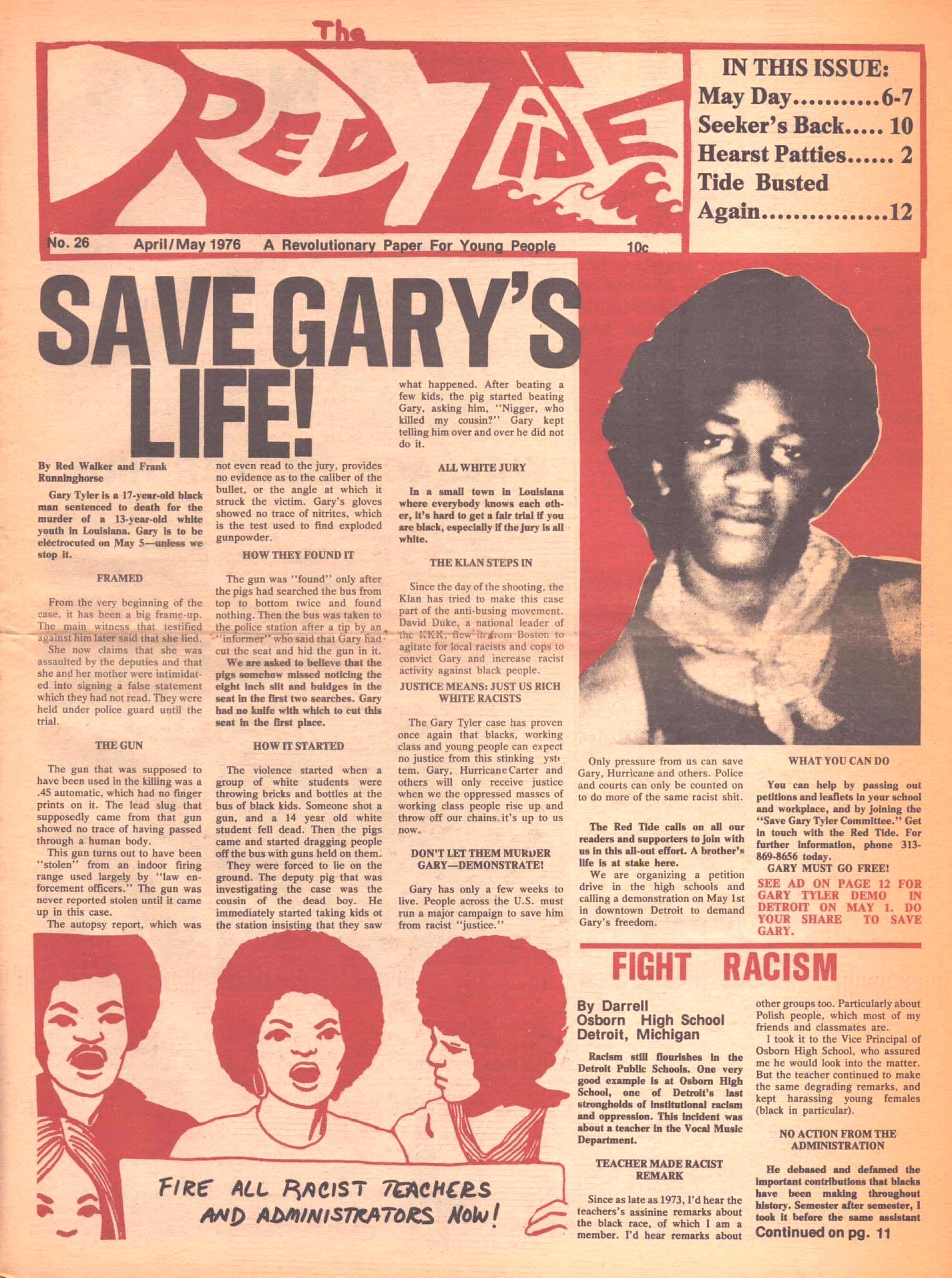 A 1976 front page of the Red Tide with a headline saying: "Save Gary's life"