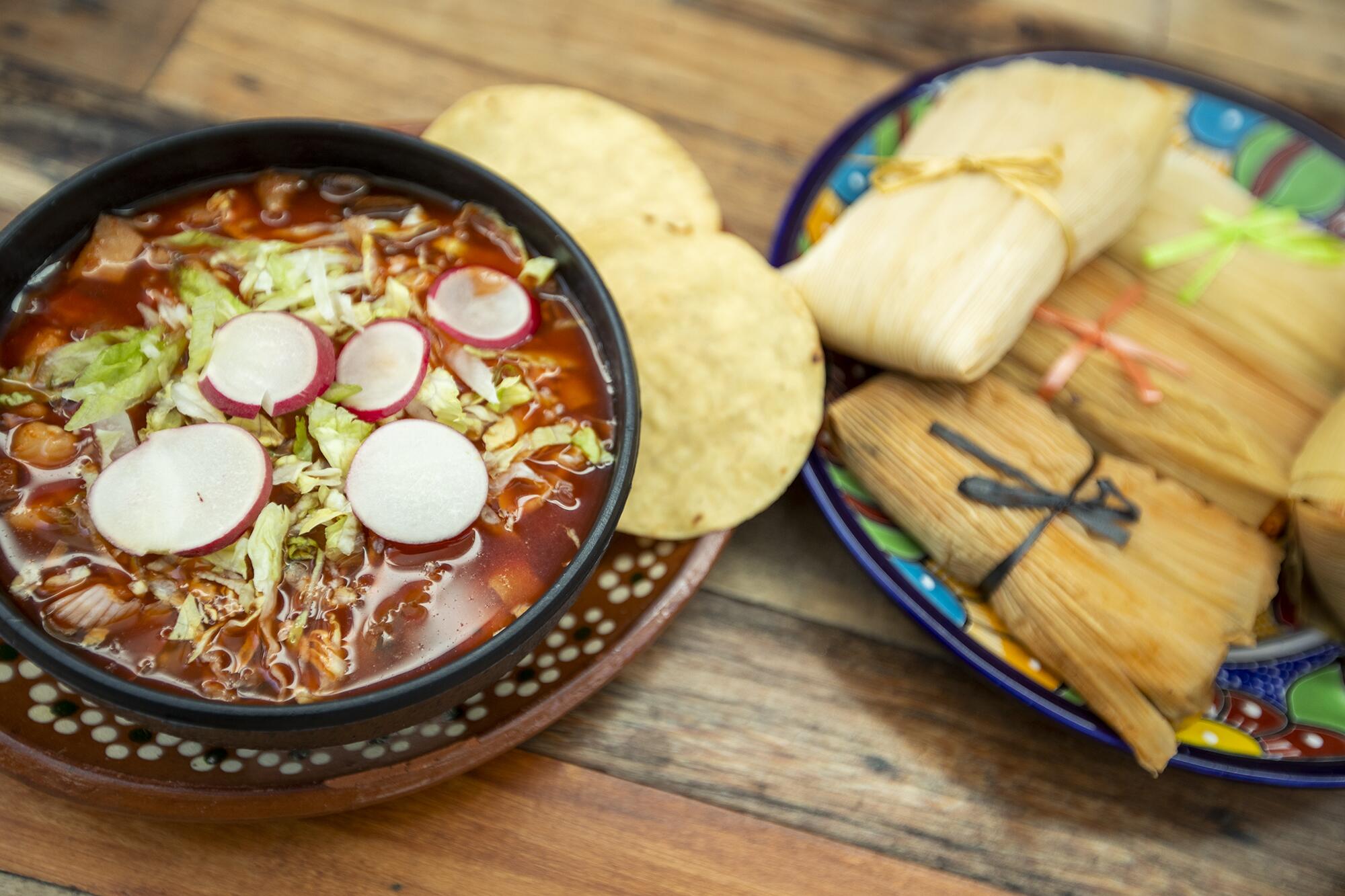 The mushroom pozole and an assortment of vegan tamales from La Vegana Mexicana in Santa Ana.