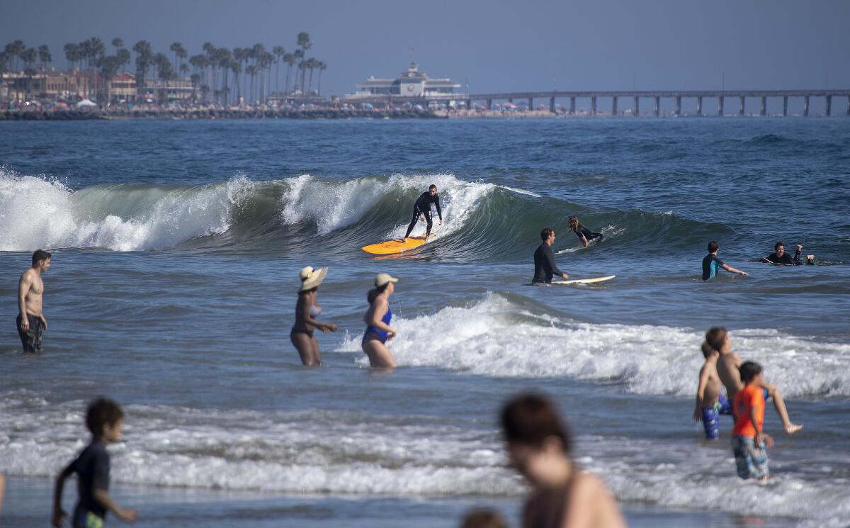 A surfer catches a wave off Newport Beach on Saturday,