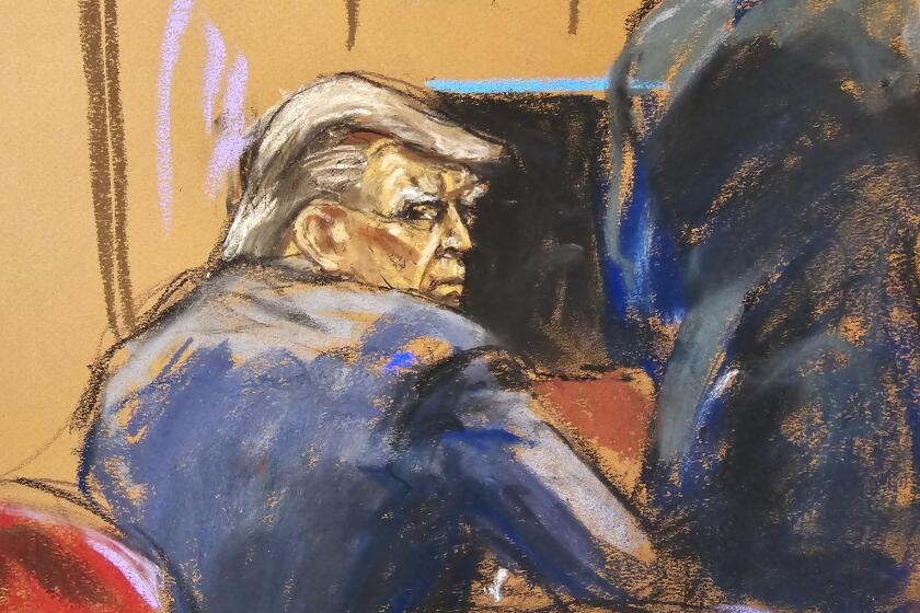 Former President Donald Trump sits as Emil Bove, a member of his legal team, argues for him before New York Supreme Court Judge Juan Merchan, during Sandoval's hearing amid Trump's criminal trial on charges that he falsified business records to conceal money paid to silence porn star Stormy Daniels in 2016, in Manhattan state court in New York, Friday, April 19, 2024, in this courtroom sketch. (Jane Rosenberg via AP, Pool)
