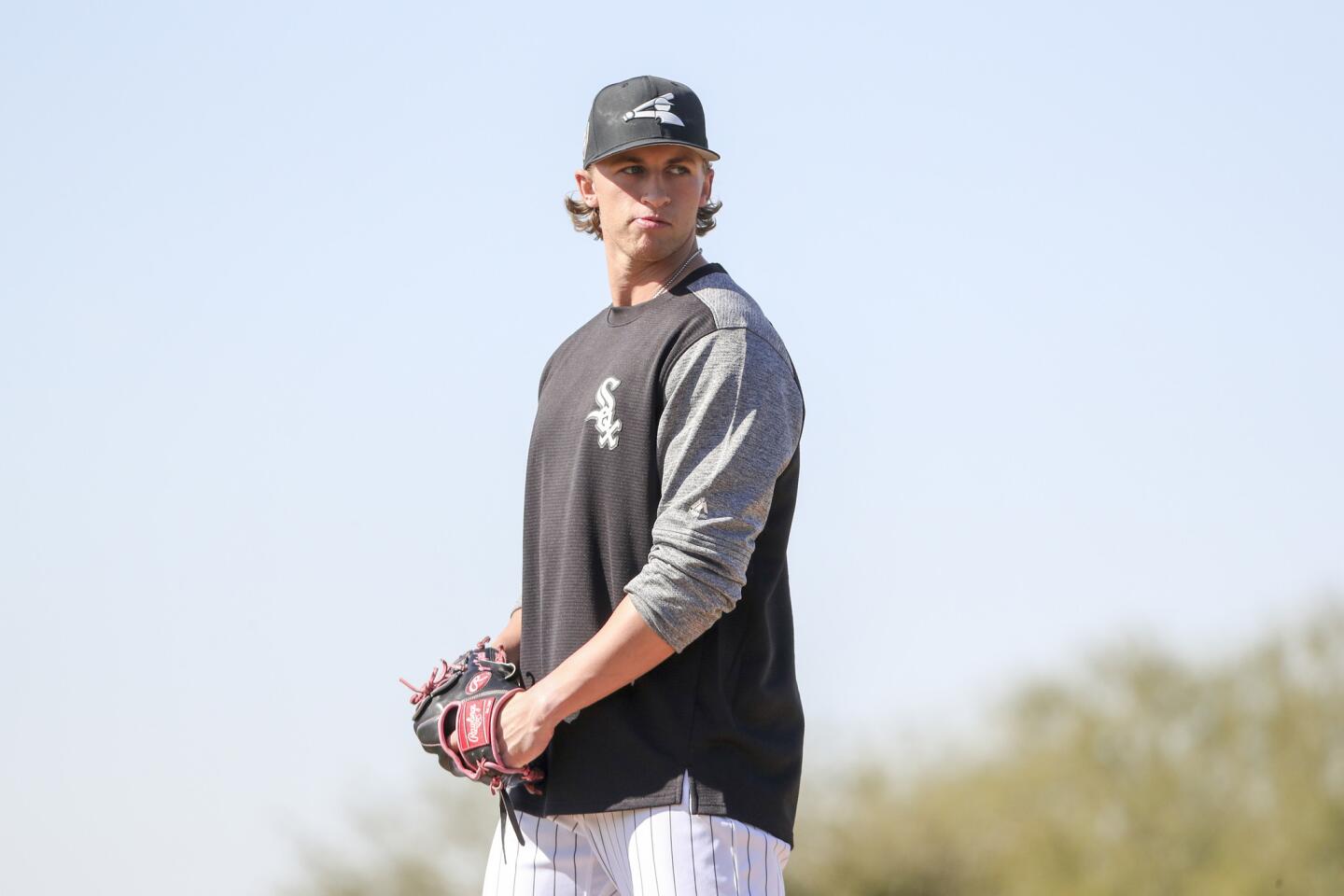 Michael Kopech stands on the mound at White Sox spring training at Camelback Ranch on Feb. 21, 2018, in Glendale, Ariz.