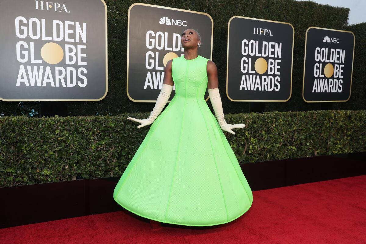 Cynthia Erivo in a lime green dress on the red carpet