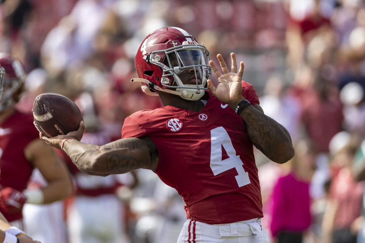 Alabama quarterback Jalen Milroe warms up before a game against Tennessee on Saturday.
