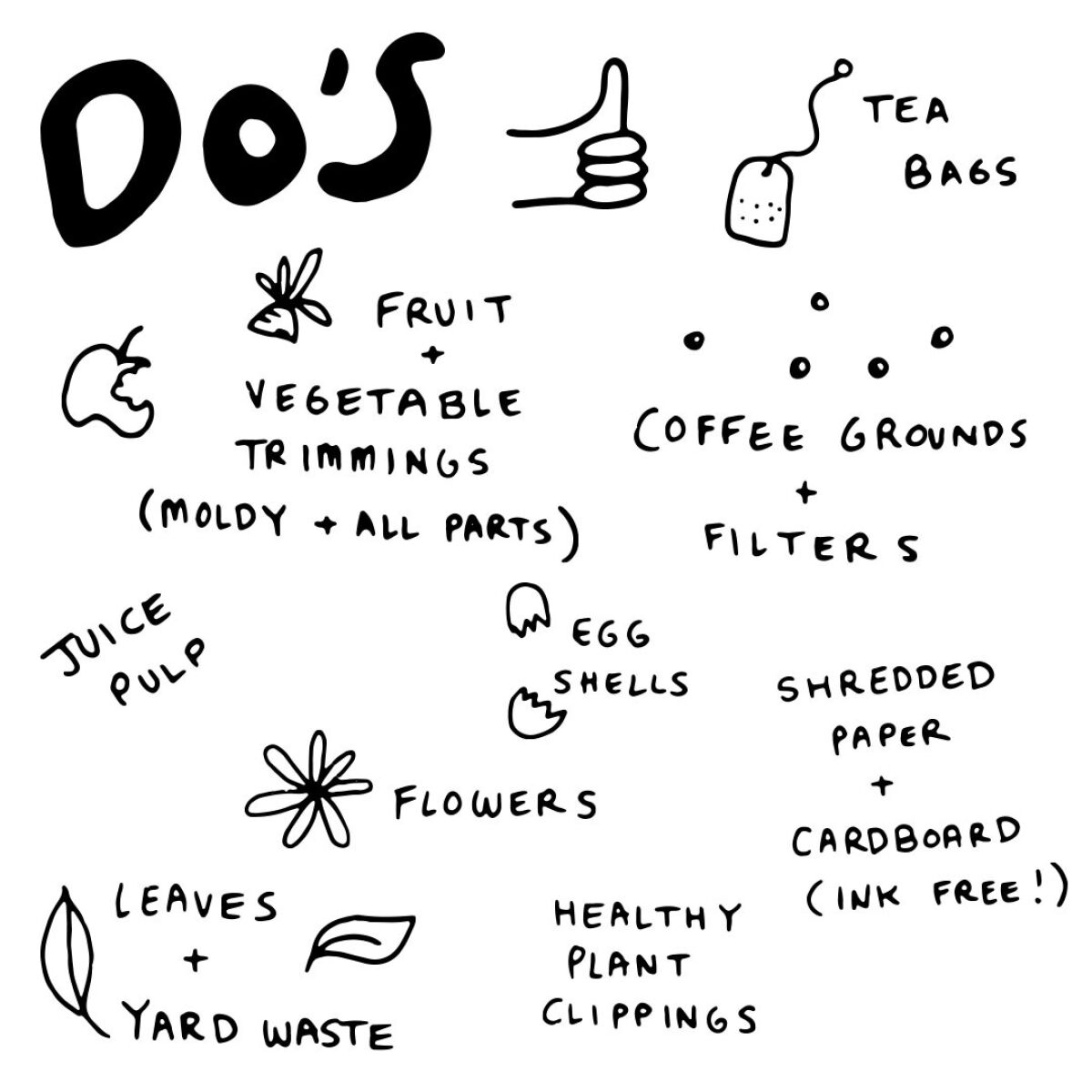 "Do's: tea bags, fruit and vegetable trimmings, coffee grounds and filters, egg shells, juice pulp, leaves and yard waste."