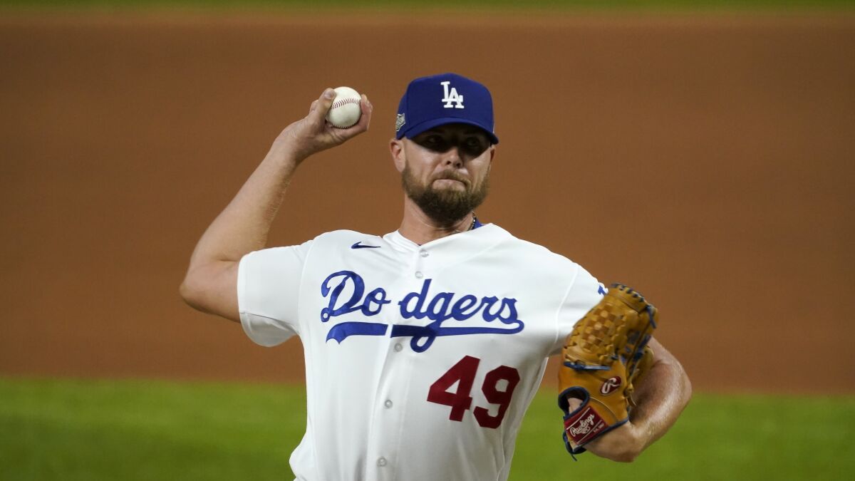 Dodgers reliever Blake Treinen pitches against the San Diego Padres.