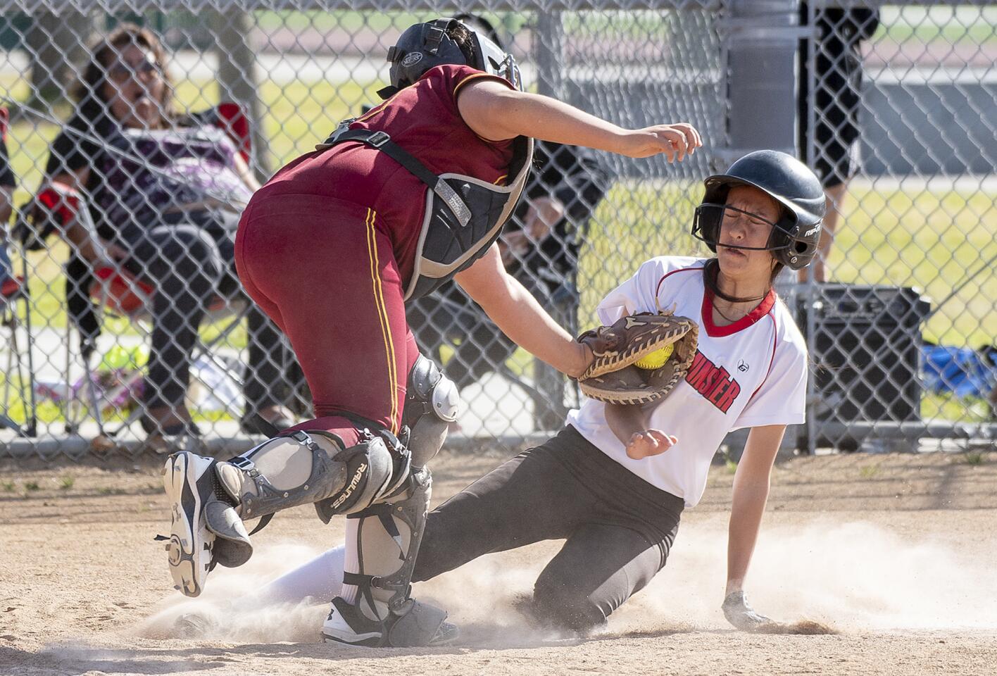 Ocean View's Nivea Armenta tags out Westminster's Christine Nguyen on a stolen base attempt in the fifth inning during a nonleague game on Wednesday, April 18.