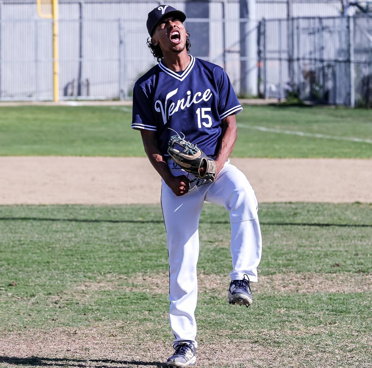 Pitcher Noel Moreno gets emotional of completing Venice's 4-1 win over Chatsworth.