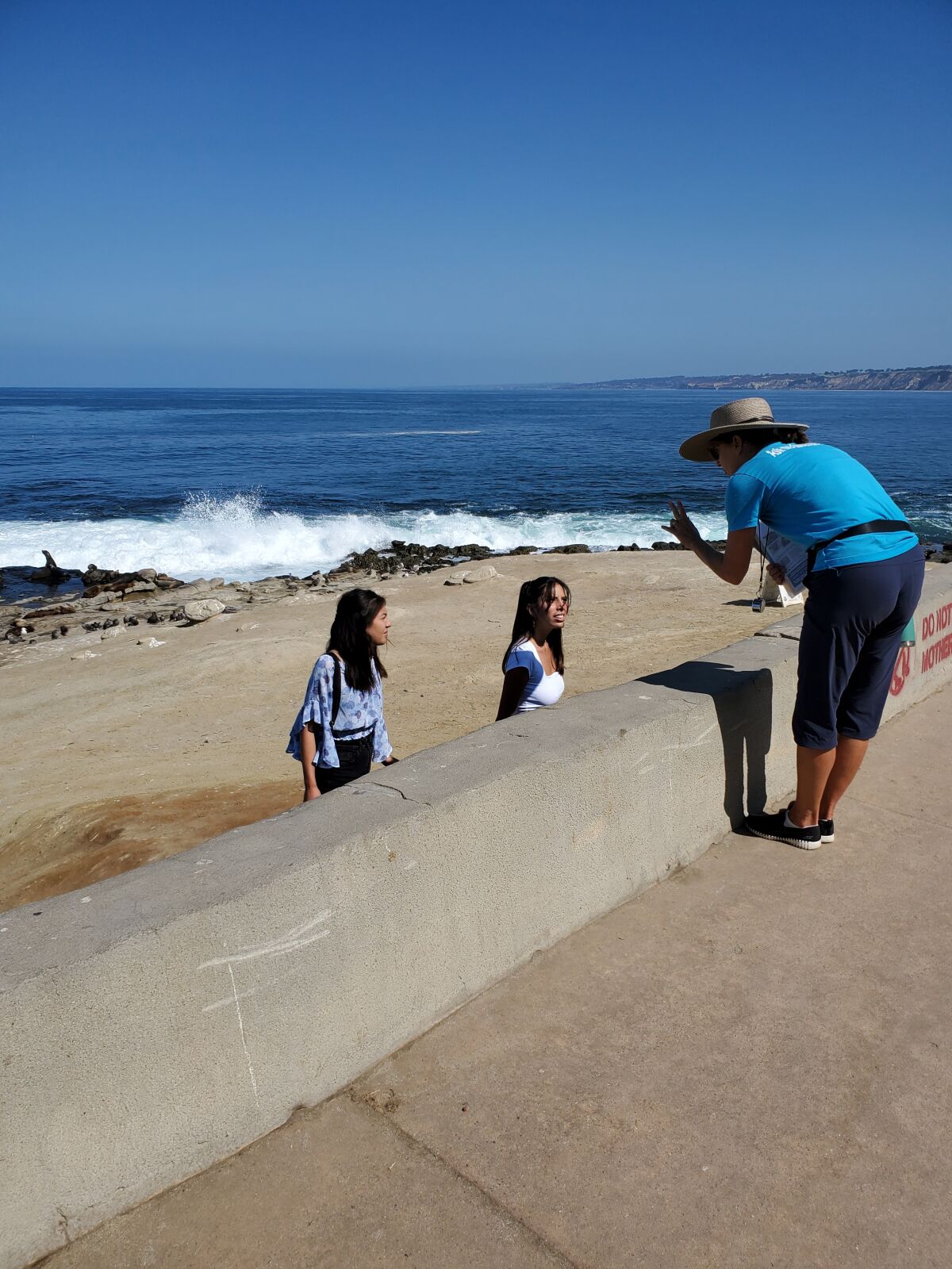 Sierra Club Seal Society docent Carol Toye speaks to visitors at Point La Jolla.