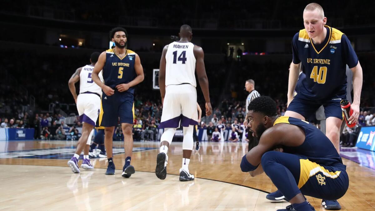 Max Hazzard (2) of the UC Irvine Anteaters reacts after scoring a three-pointer against the Kansas State Wildcats late in the second half.