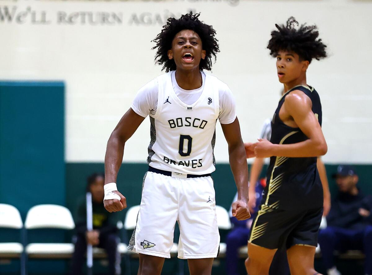 Brandon McCoy gets fired up after a basket for St. John Bosco. He had 28 points in overtime win over Richmond Salesian.