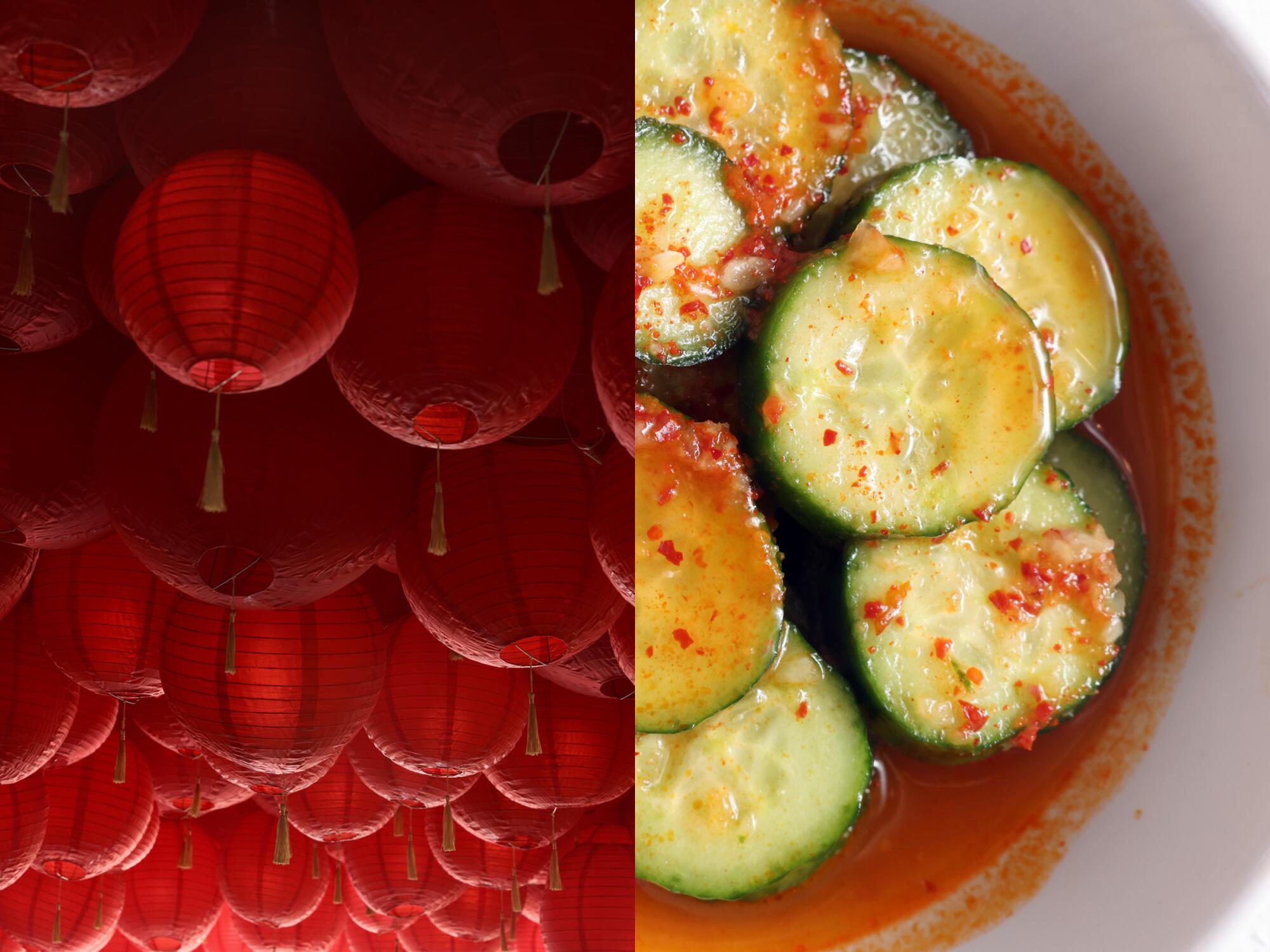 Two photos side-by-side of paper lanterns and marinated cucumber.