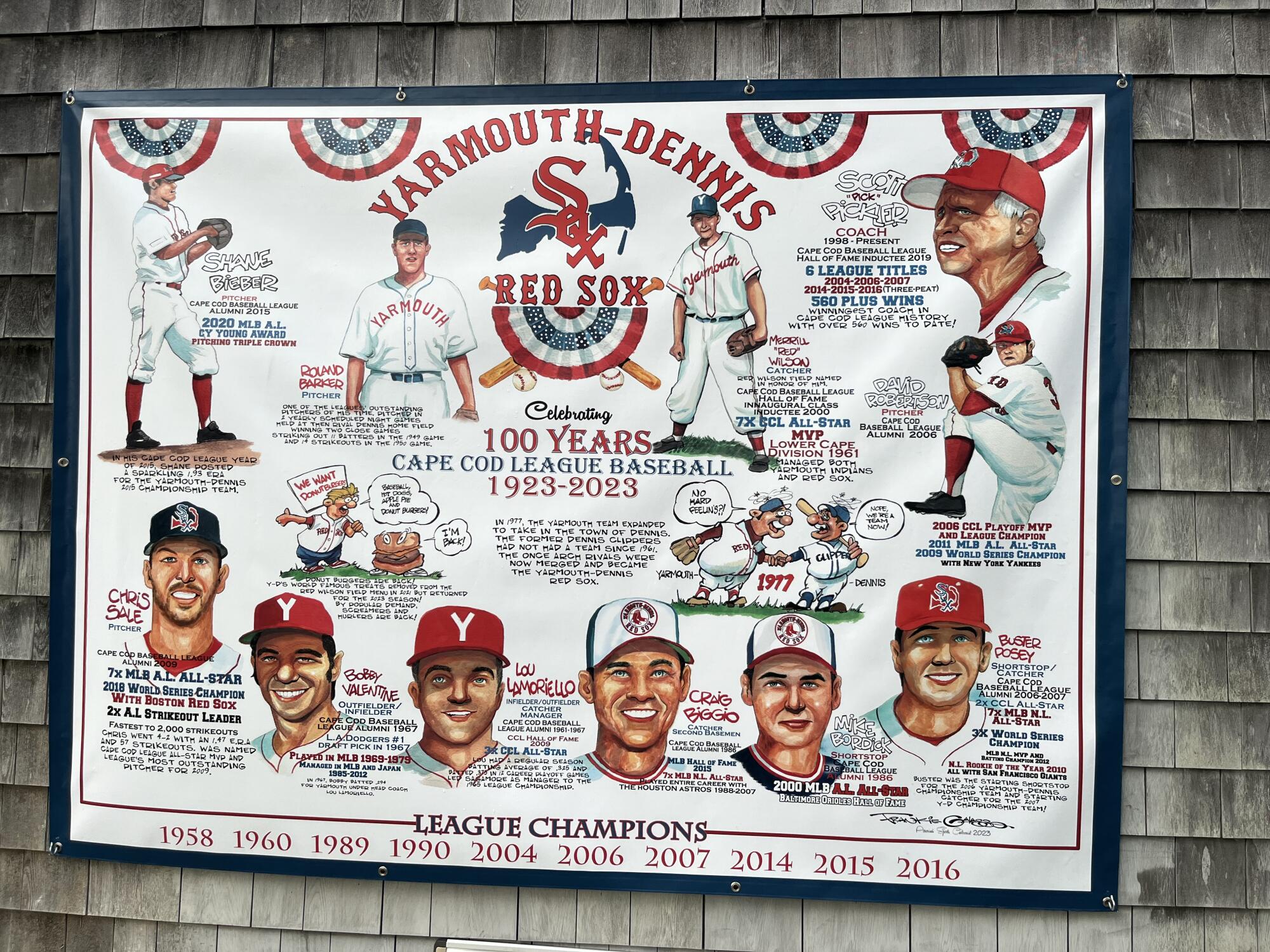 A mural displays notable figures who have been a part of the Yarmouth-Dennis Red Sox of the Cape Cod League.