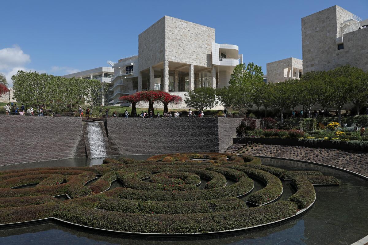 The Getty Center's Central Garden and the Getty Museum in the background.