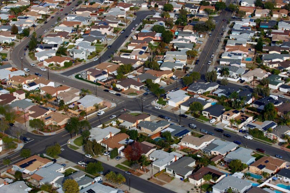 An aerial view of houses in the San Diego neighborhood of Clairemont.