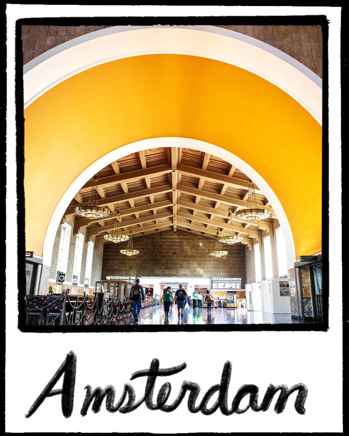 Over a photo of the interior of a railroad station, an illustration has the word "Amsterdam."
