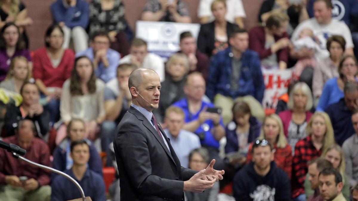 Independent candidate Evan McMullin speaks during a rally in Draper, Utah, on Friday.