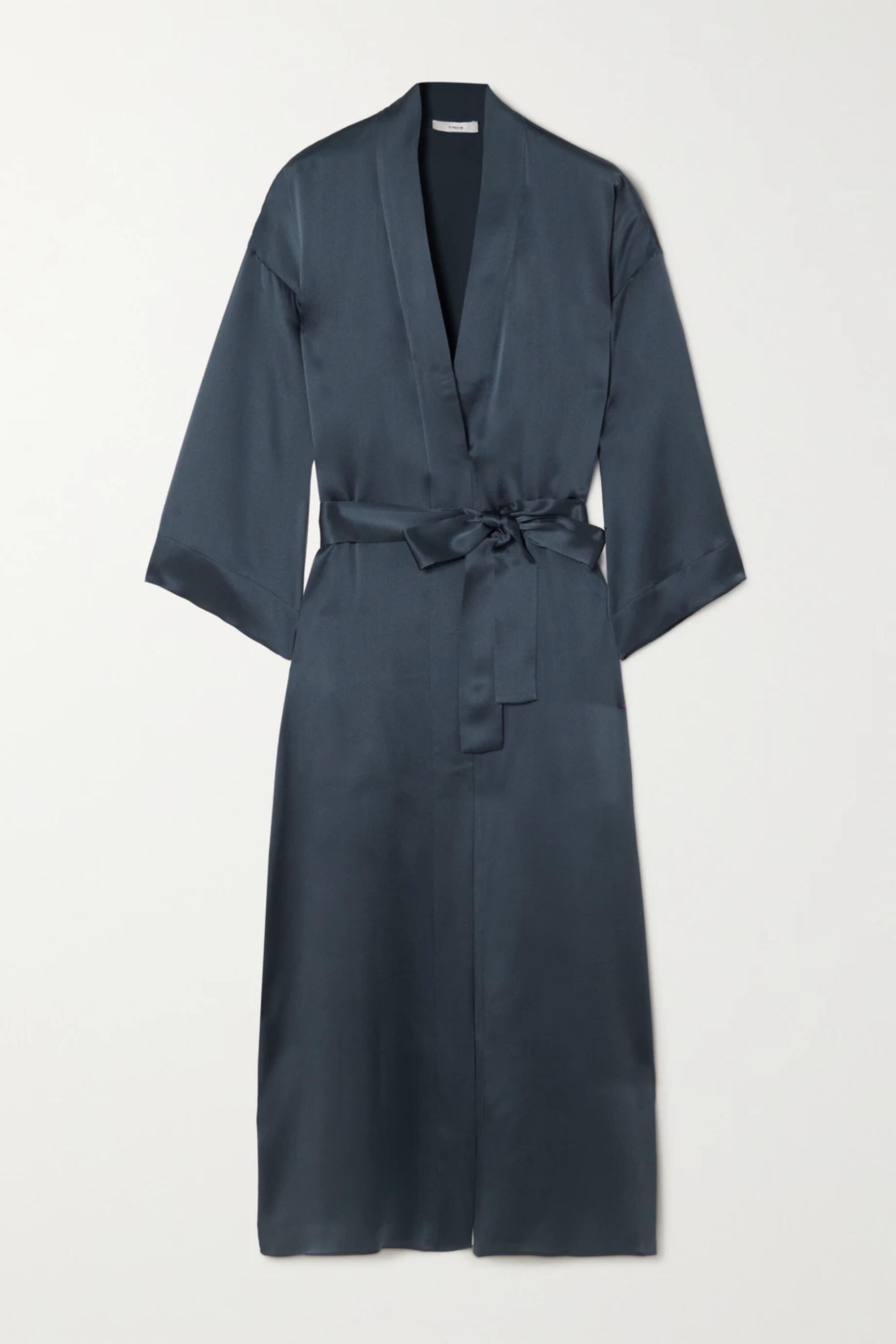 A dark gray satin bathrobe.