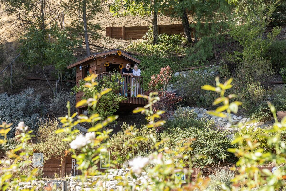 A path of river rocks winds up a steep slope past many plants and a playhouse with a small deck.