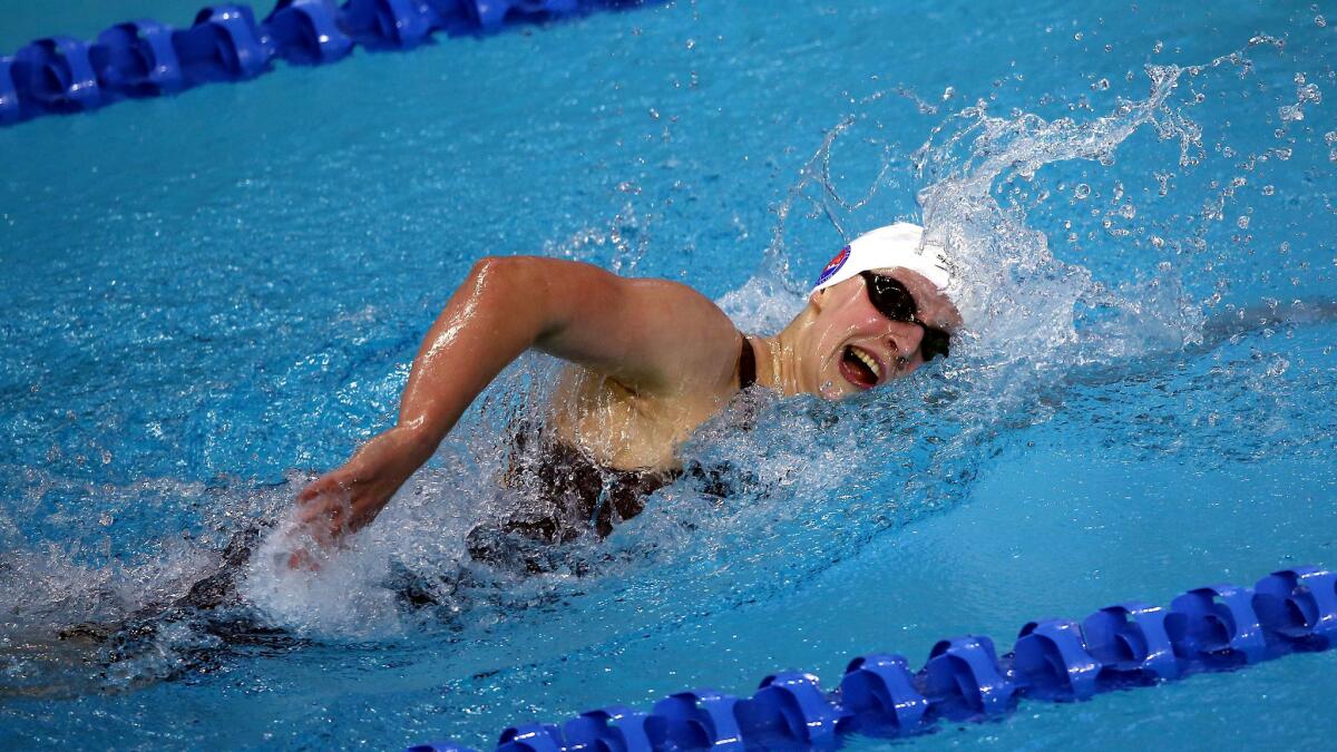 Katie Ledecky swims in the women's 800-meter freestyle final during the Arena Pro Swim Series at Austin on Sunday.