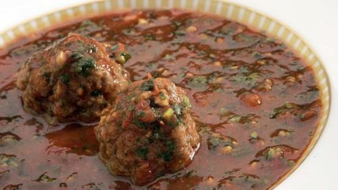 Cilantro tomato soup with Syrian meatballs