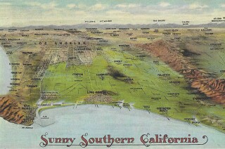 Vintage postcard shows a pre-sprawl Southern California landscape and reads "Sunny Southern California."