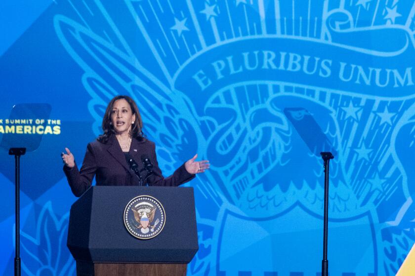 Los Angeles, CA - June 08: U.S.Vice President Kamala Harris speaks during the Inaugural Ceremony of the the Summit of the Americas at the Microsoft Theater in , Los Angeles, CA on Wednesday, June 8, 2022. (Allen J. Schaben / Los Angeles Times)
