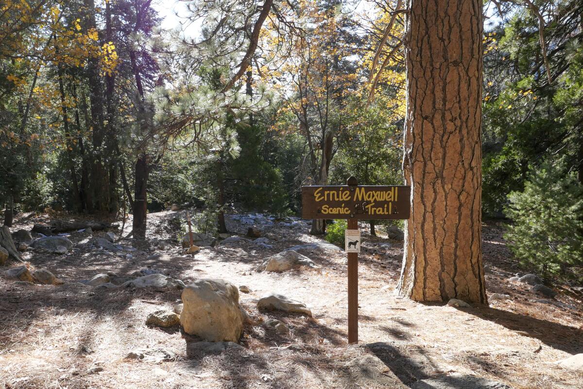 A sign for Ernie Maxwell Trail in Idyllwild.