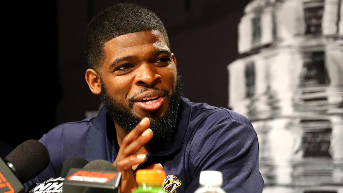 Predators defenseman P.K. Subban answers a question during a news conference on Sunday in Pittsburgh.