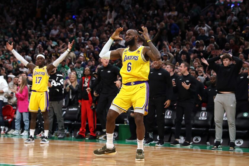 BOSTON, MASSACHUSETTS - JANUARY 28: LeBron James #6 of the Los Angeles Lakers reacts during the fourth quarter against the Boston Celtics at TD Garden on January 28, 2023 in Boston, Massachusetts. The Celtics defeat the Lakers 125-121. (Photo by Maddie Meyer/Getty Images)