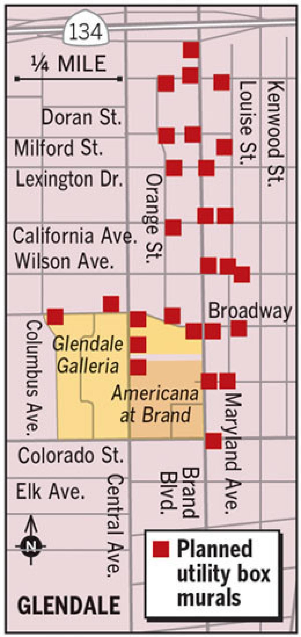Indicated on the map are the planned locations for murals to be painted on utility boxes throughout Glendale. The city recently put out a request to artists to submit their designs.