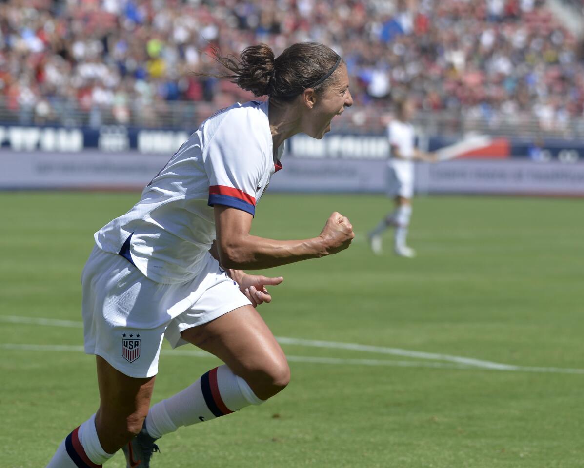 U.S. forward Carli Lloyd (10) celebrates after scoring a goal in the second half of an international friendly soccer match against South Africa in Santa Clara, Calif., Sunday, May 12, 2019. (AP Photo/Nic Coury)