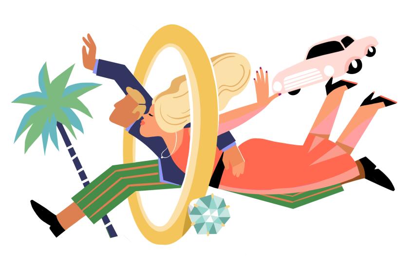 Illustration of a couple happily jumping through a wedding ring.